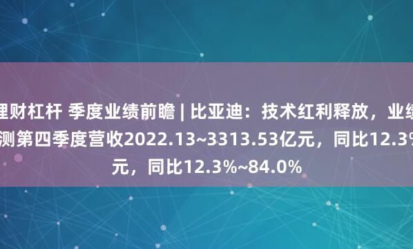 理财杠杆 季度业绩前瞻 | 比亚迪：技术红利释放，业绩增长，预测第四季度营收2022.13~3313.53亿元，同比12.3%~84.0%